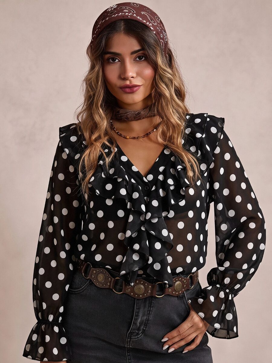 Freevana 女款V領長袖雪紡襯衫,飾有荷葉邊,黑白波點透視設計,優雅休閒日常穿著,秋冬款 - 黑與白 - 查看 1