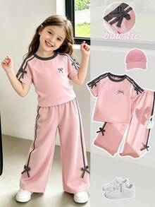 SHEIN Playful Pals 女童 2 件式休閒套裝，落肩短袖 T 恤搭配前胸蝴蝶結印花、對比條紋蝴蝶結裝飾寬腿長褲，返校穿搭服飾 - 粉色 - 查看 4