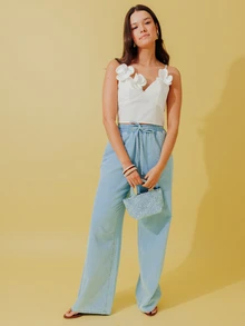 Pimkie Edition Women's Jeans, Wide Leg, High Waist, Drawstring Waist, Maxi Length, Relaxed Fit, Casual Everyday Wear Vacation Light Blue Summer - Blue - View 2