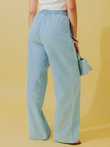 Pimkie Edition Women's Jeans, Wide Leg, High Waist, Drawstring Waist, Maxi Length, Relaxed Fit, Casual Everyday Wear Vacation Light Blue Summer - Blue - View 1