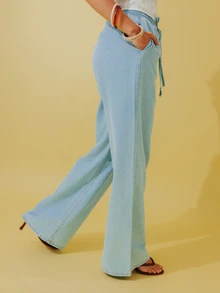 Pimkie Edition Women's Jeans, Wide Leg, High Waist, Drawstring Waist, Maxi Length, Relaxed Fit, Casual Everyday Wear Vacation Light Blue Summer - Blue - View 3