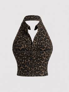SHEIN MOD Plus Size Leopard Print Backless Halter Neck Denim Top - Multicolor - View 3