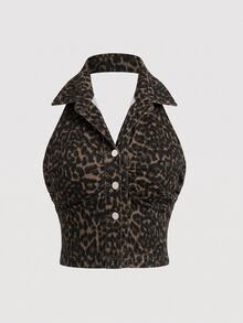 SHEIN MOD Plus Size Leopard Print Backless Halter Neck Denim Top - Multicolor - View 2