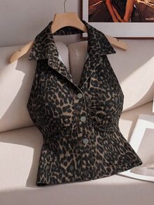 SHEIN MOD Plus Size Leopard Print Backless Halter Neck Denim Top - Multicolor - View 1