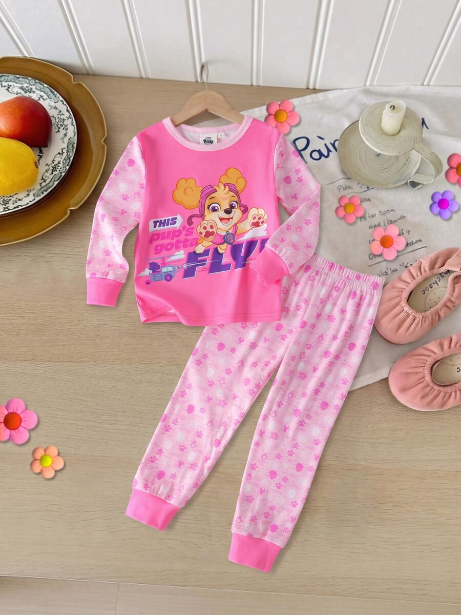 Maija Kids SHEIN | PAW Patrol Maija Kids 女童可愛休閒百搭卡通印花長袖上衣與緊身褲家居服套裝 2件組 - 淺粉色 - 查看 1