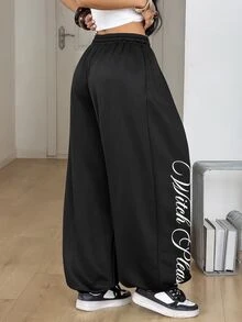 Coolane 女款秋冬街頭風日常休閒學院風運動休閒褲，復古圖案黑色寬鬆寬腿運動束口褲，嘻哈舞慢跑褲 - 黑色 - 查看 7