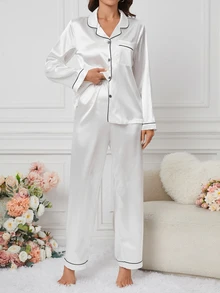 Moireta 撞色滚边白色睡衣套装，秋冬服装 - 白色 - 查看 4