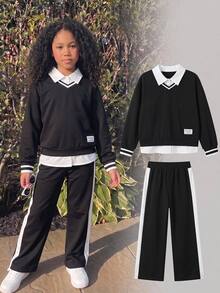 青少年女孩抓絨秋季套裝 2件組 黑白配色翻領長袖衛衣褲 時尚運動休閒韓系風格 - 黑色 - 查看 9