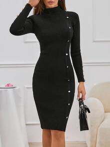 SHEIN Tall Mock Neck Button Front Sweater Dress Without Belt,Winter Dresses For Women,Dresses For Women,Jumpers For Women,Winter Dresses, Tall Women - Black - View 1