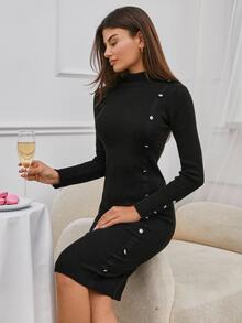 SHEIN Tall Mock Neck Button Front Sweater Dress Without Belt,Winter Dresses For Women,Dresses For Women,Jumpers For Women,Winter Dresses, Tall Women - Black - View 4