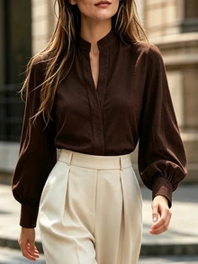 Balvessa French Style Stand Collar Commuter Elegant Versatile Lantern Long Sleeve Blouse - Brown - View 4