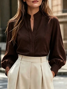 Balvessa French Style Stand Collar Commuter Elegant Versatile Lantern Long Sleeve Blouse - Brown - View 1