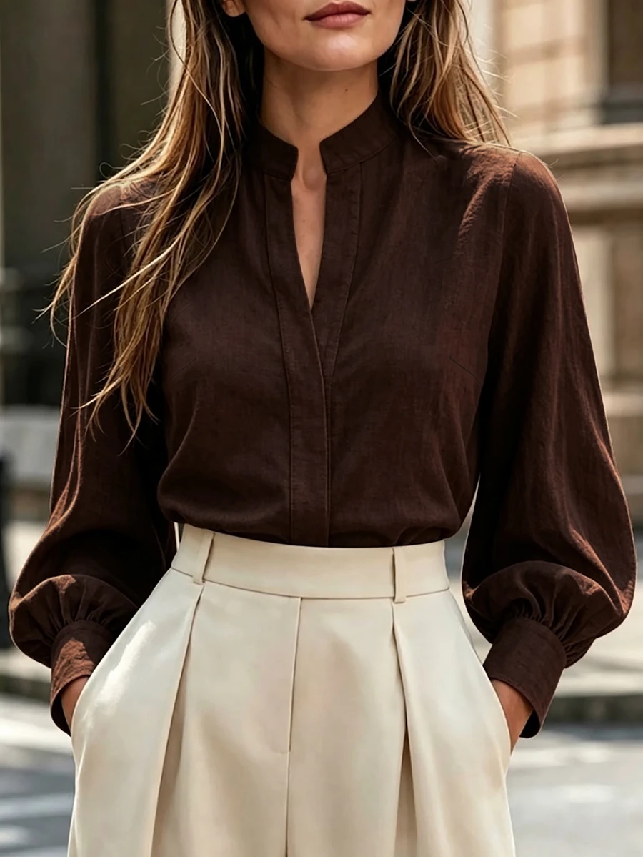 Balvessa French Style Stand Collar Commuter Elegant Versatile Lantern Long Sleeve Blouse - Brown - View 1