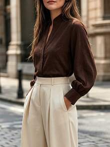 Balvessa French Style Stand Collar Commuter Elegant Versatile Lantern Long Sleeve Blouse - Brown - View 5