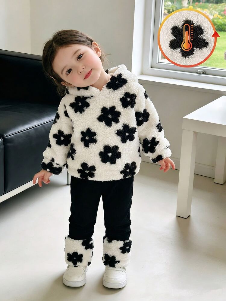 SHEIN 2pcs/Set Baby Girl Winter Plush Outfit Black White Floral Print Hooded Sweatshirt Top + Slim Fit Long Pants With Furry Cuffs, Cute Daddys Girl Party - Black and White - View 1