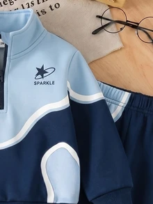男嬰 2 件套時尚休閒不對稱幾何拼色字母印花小立領拉鍊保暖內裡運動上衣與不對稱幾何拼色印花運動長褲套裝，適合外出，秋冬款 - 彩色 - 查看 3