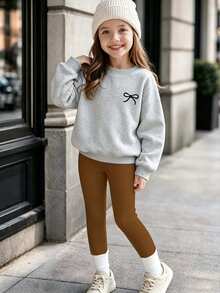 SHEIN Young Girl Casual Comfortable Fashion Minimalist Cute Bow Pattern Thermal Lined Crew Neck Long Sleeve Pullover Sweatshirt, Autumn Black - Grey - View 1