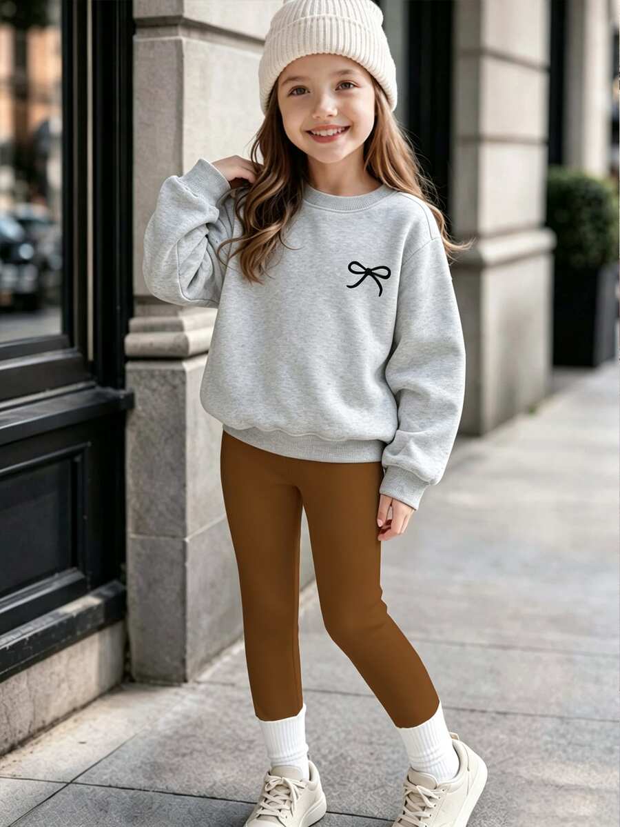 SHEIN Young Girl Casual Comfortable Fashion Minimalist Cute Bow Pattern Thermal Lined Crew Neck Long Sleeve Pullover Sweatshirt, Autumn Black - Grey - View 1