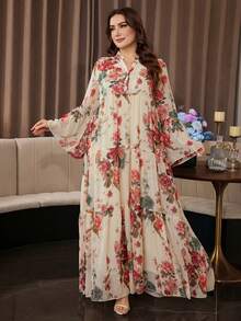 Al Najma Gaun A-Line Minimalis Elegan Bermotif untuk Wanita Ukuran Plus - Aprikot - View 3