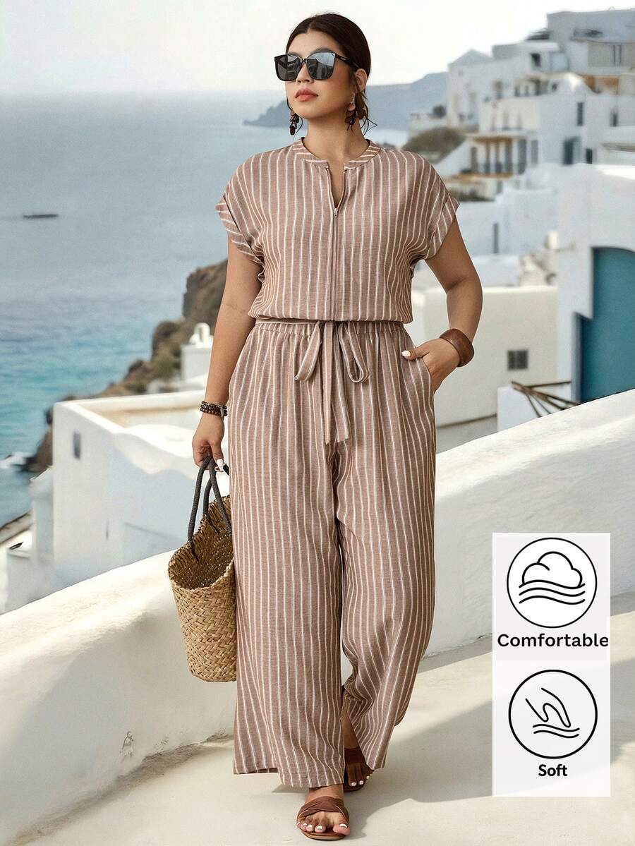 Parysyn New Style Plus Size Woven Fashionable, Casual Vacation Striped Summer Women's One-Piece Pants - Brown - View 1