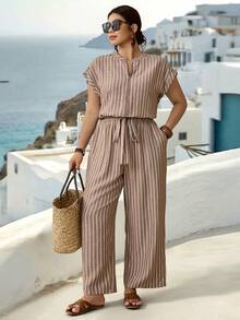 Parysyn New Style Plus Size Woven Fashionable, Casual Vacation Striped Summer Women's One-Piece Pants - Brown - View 5