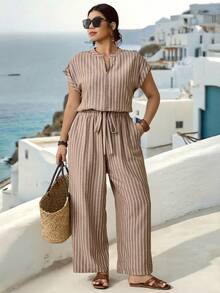 Parysyn New Style Plus Size Woven Fashionable, Casual Vacation Striped Summer Women's One-Piece Pants - Brown - View 4