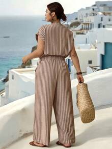 Parysyn New Style Plus Size Woven Fashionable, Casual Vacation Striped Summer Women's One-Piece Pants - Brown - View 2