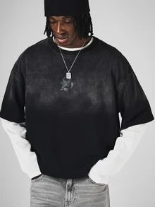 SUMWON Oversized Washed Effect Crew Neck Short Sleeve T-Shirt With Tonal Chest Logo Print Vintage Faded Finish - Black - View 1