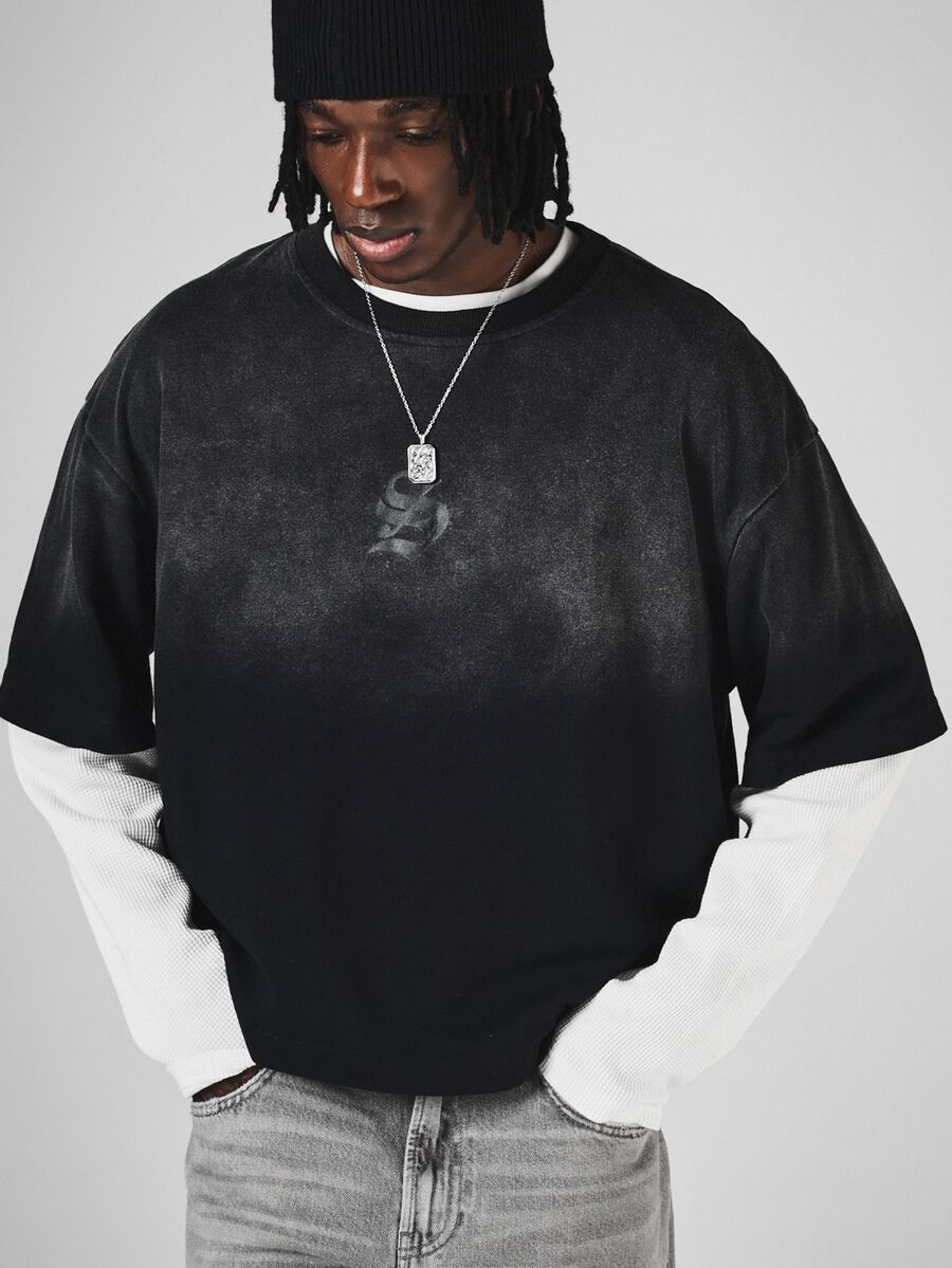 SUMWON Oversized Washed Effect Crew Neck Short Sleeve T-Shirt With Tonal Chest Logo Print Vintage Faded Finish - Black - View 1