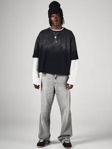 SUMWON Oversized Washed Effect Crew Neck Short Sleeve T-Shirt With Tonal Chest Logo Print Vintage Faded Finish - Black - View 3