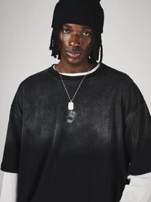 SUMWON Oversized Washed Effect Crew Neck Short Sleeve T-Shirt With Tonal Chest Logo Print Vintage Faded Finish - Black - View 5