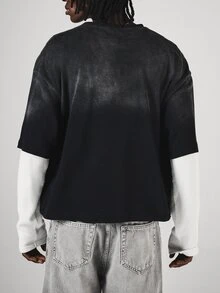 SUMWON Oversized Washed Effect Crew Neck Short Sleeve T-Shirt With Tonal Chest Logo Print Vintage Faded Finish - Black - View 4