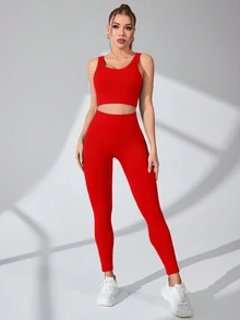 Eassivo Eassivo Set Bra dan Legging Olahraga Wanita Warna Polos untuk Kebugaran Sehari-hari - Merah - View 4