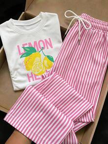 SHEIN Girlism 青少年女孩秋/冬多功能時尚檸檬印花長袖上衣與長褲粉色兩件套，適合返校穿搭 - 粉色 - 查看 2