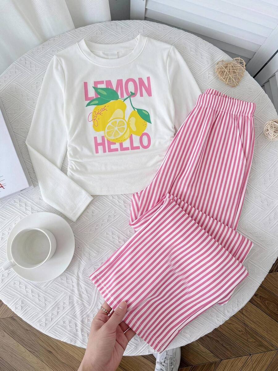 SHEIN Girlism 青少年女孩秋/冬多功能時尚檸檬印花長袖上衣與長褲粉色兩件套,適合返校穿搭 - 粉色 - 查看 1
