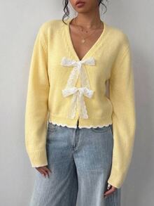 SHEIN 少女蕾絲毛絨舒適簡約休閒開襟衫，秋冬款 - 黃色 - 查看 7