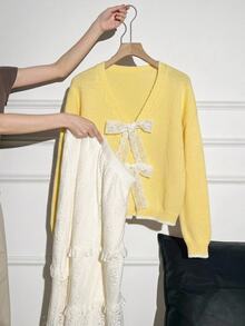 SHEIN 少女蕾絲毛絨舒適簡約休閒開襟衫，秋冬款 - 黃色 - 查看 3
