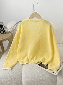 SHEIN 少女蕾絲毛絨舒適簡約休閒開襟衫，秋冬款 - 黃色 - 查看 10