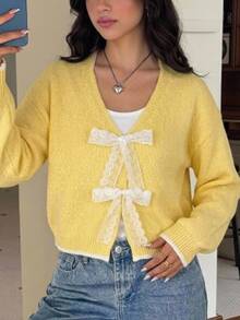 SHEIN 少女蕾絲毛絨舒適簡約休閒開襟衫，秋冬款 - 黃色 - 查看 8