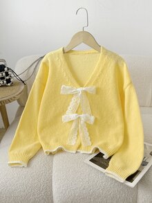 SHEIN 少女蕾絲毛絨舒適簡約休閒開襟衫，秋冬款 - 黃色 - 查看 12