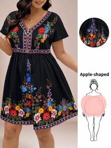 SHEIN VCAY 大码蝙蝠袖短袖V领花卉印花连衣裙 - 黑色 - 查看 7