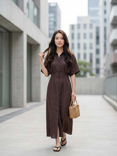 Ontre Women's Shades Of Brown Autumn Effortless Chic Casual Vacation Midi Dress, Fitted Lapel Shirt, Dropped Shoulder, 3/4 Batwing Sleeve, H-Line Modern