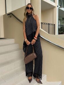 Siren Gaze Women's Polka Dot Pattern Contrast Lace Asymmetric Hem Halter Top And Pants Fashion 2-Piece Set - Black - View 3