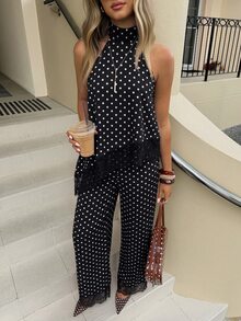 Siren Gaze Women's Polka Dot Pattern Contrast Lace Asymmetric Hem Halter Top And Pants Fashion 2-Piece Set - Black - View 6