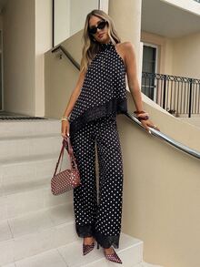 Siren Gaze Women's Polka Dot Pattern Contrast Lace Asymmetric Hem Halter Top And Pants Fashion 2-Piece Set - Black - View 4
