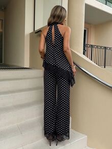 Siren Gaze Women's Polka Dot Pattern Contrast Lace Asymmetric Hem Halter Top And Pants Fashion 2-Piece Set - Black - View 2