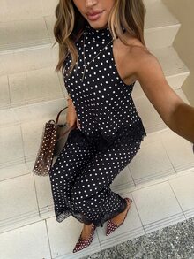 Siren Gaze Women's Polka Dot Pattern Contrast Lace Asymmetric Hem Halter Top And Pants Fashion 2-Piece Set - Black - View 5