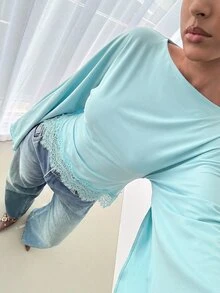 Siren Gaze 女款蕾絲飾邊下擺長袖T恤，優雅辦公風秋季喇叭袖上衣，寬鬆百搭休閒襯衫，可單穿或作為內搭 - 薄荷藍 - 查看 7