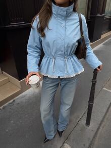 Soleia Women's Casual High Neck Ruffle Hem Lace Trim Long Sleeve Lightweight Trench Coat Jacket, Autumn/Winter - Blue - View 2