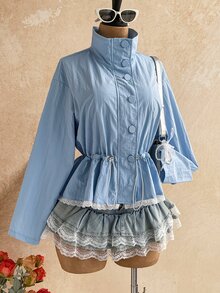 Soleia Women's Casual High Neck Ruffle Hem Lace Trim Long Sleeve Lightweight Trench Coat Jacket, Autumn/Winter - Blue - View 7